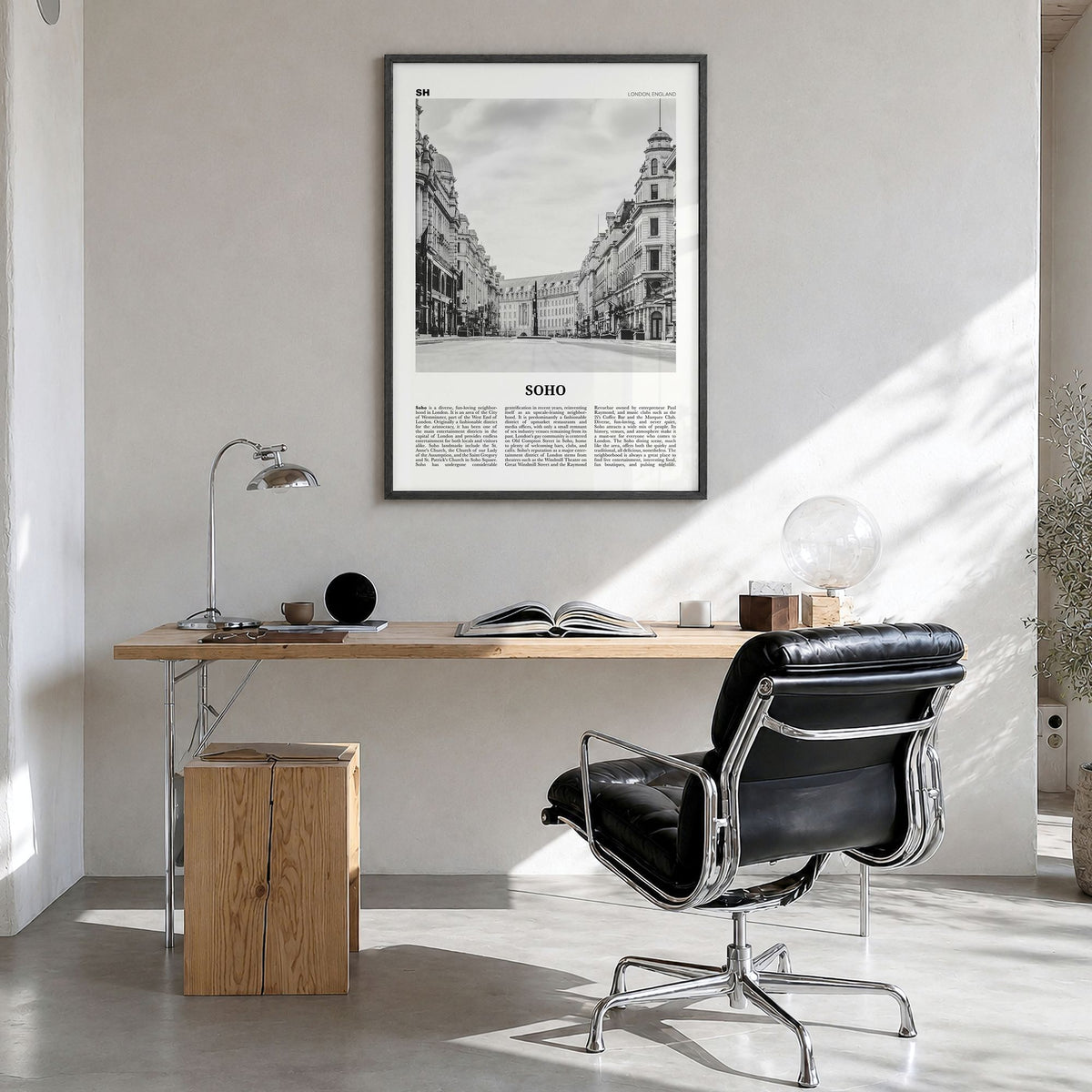 Soho, London Newspaper No 2 Poster in a black wood frame, hanging in a bright home office