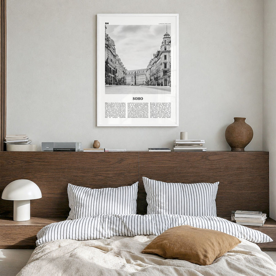 Soho, London Newspaper No 2 Poster in a white wood frame, hanging in a bedroom