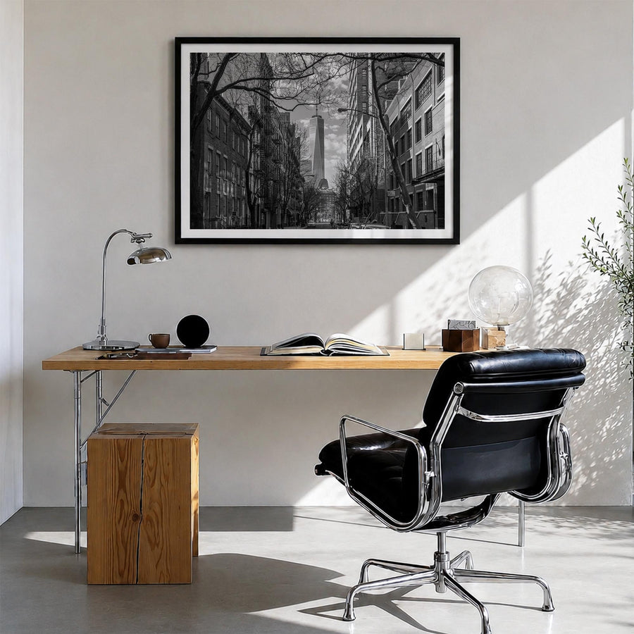 SoHo, New York City black & white photo poster of New York, USA – horizontal wall art in black wood frame with white border, 