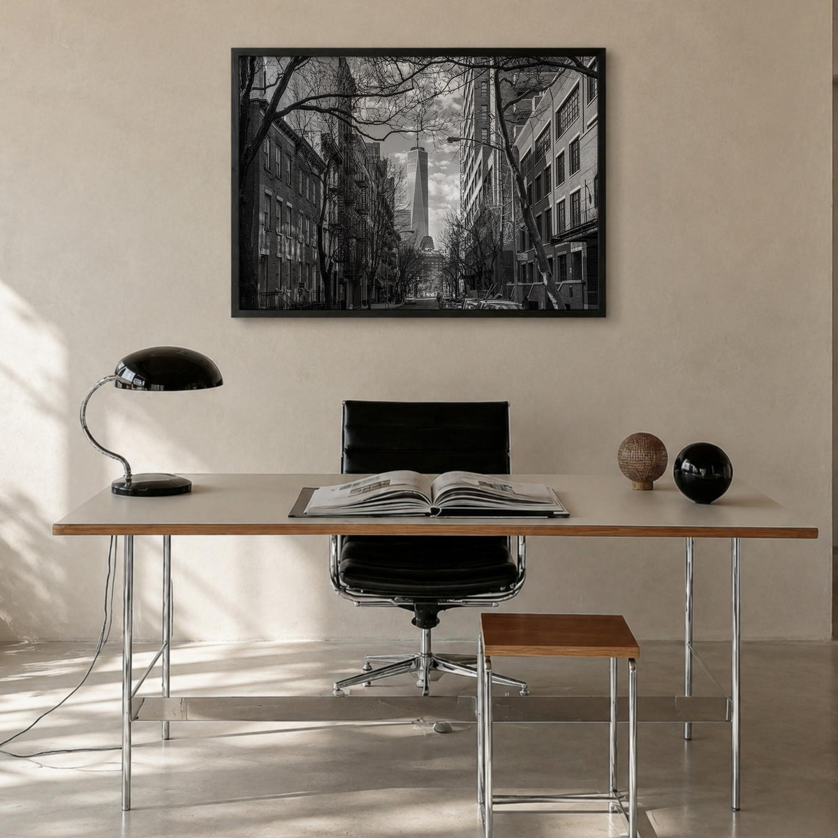 SoHo, New York City black & white photo poster of New York, USA – horizontal wall art in black wood frame, hanging on wall
