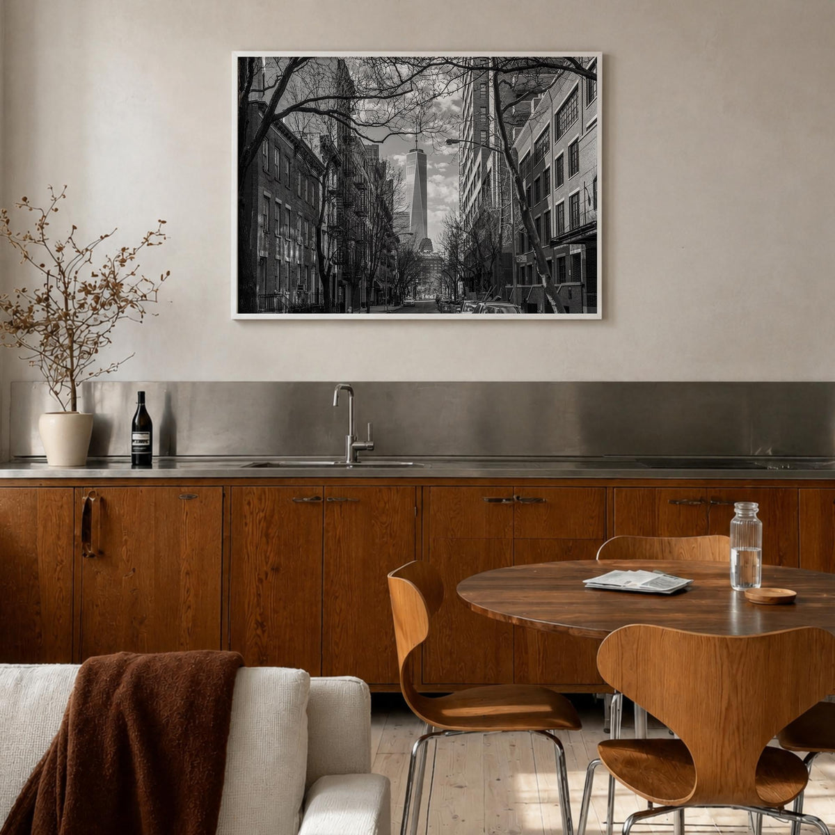 SoHo, New York City black & white photo poster of New York, USA – horizontal wall art in white wood frame, hanging on wall