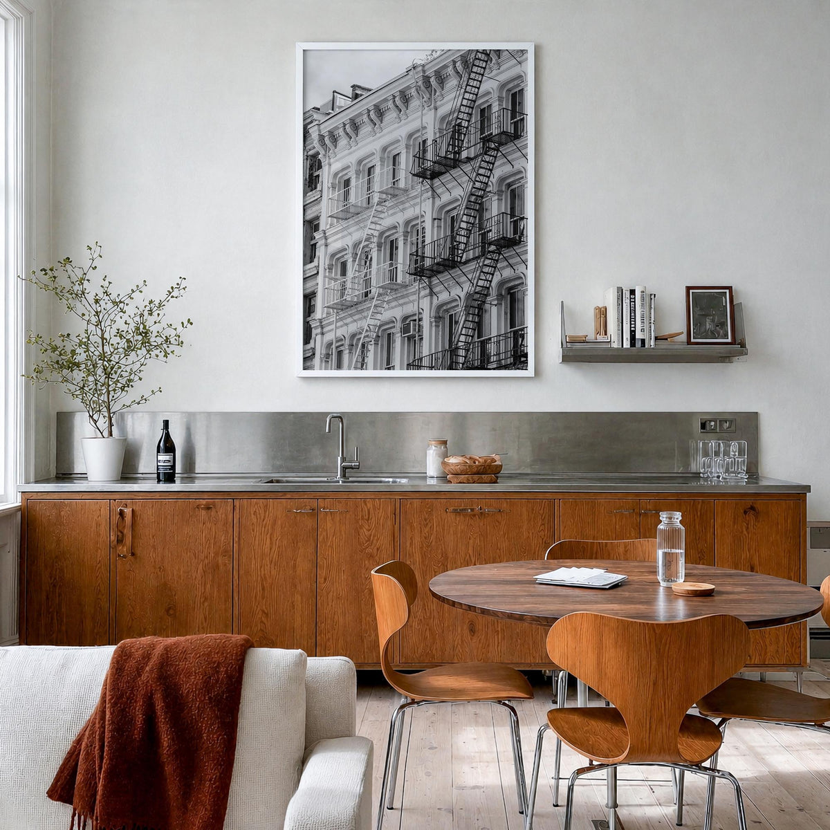 SoHo, New York City black & white photo poster of New York, USA – vertical wall art in white wood frame, hanging on wall