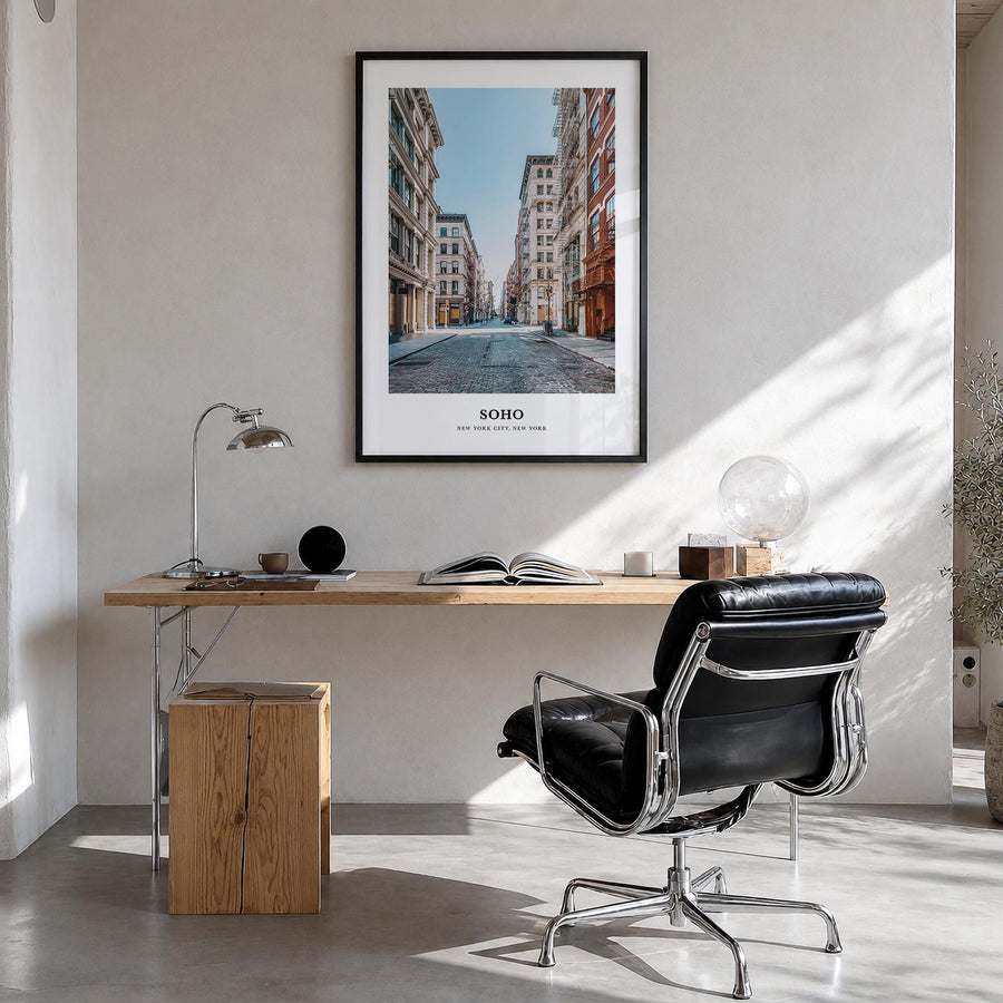 SoHo, New York City colorful classic poster of New York, USA – vertical wall art in black wood frame, hanging on wall