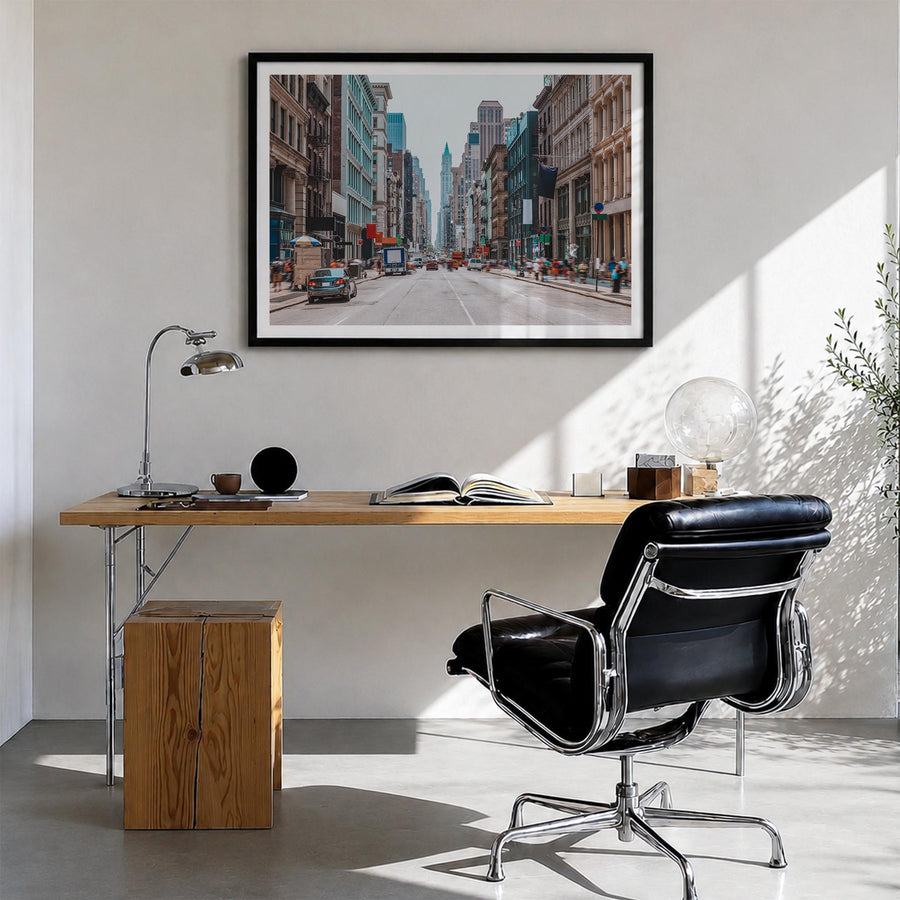 SoHo, New York City colorful photo poster of New York, USA – horizontal wall art in black wood frame with white border, hangi
