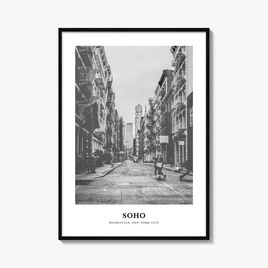 SoHo, New York City no. 1 black & white classic poster of New York, USA – vertical wall art, unframed print shown in interior