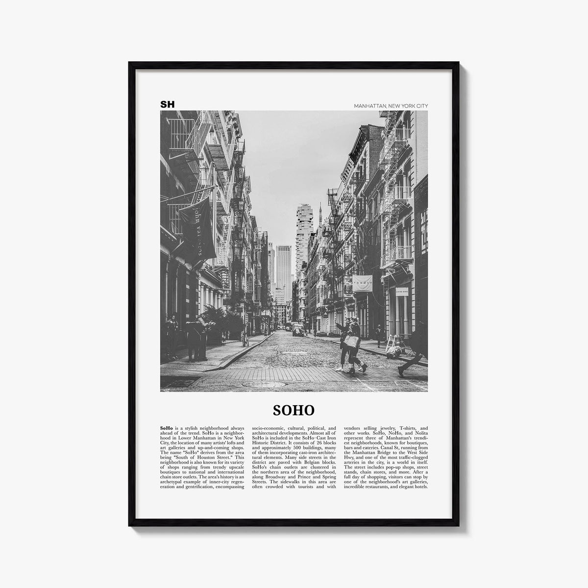 SoHo, New York City no. 1 black & white newspaper poster of New York, USA – vertical wall art, unframed print shown in interi