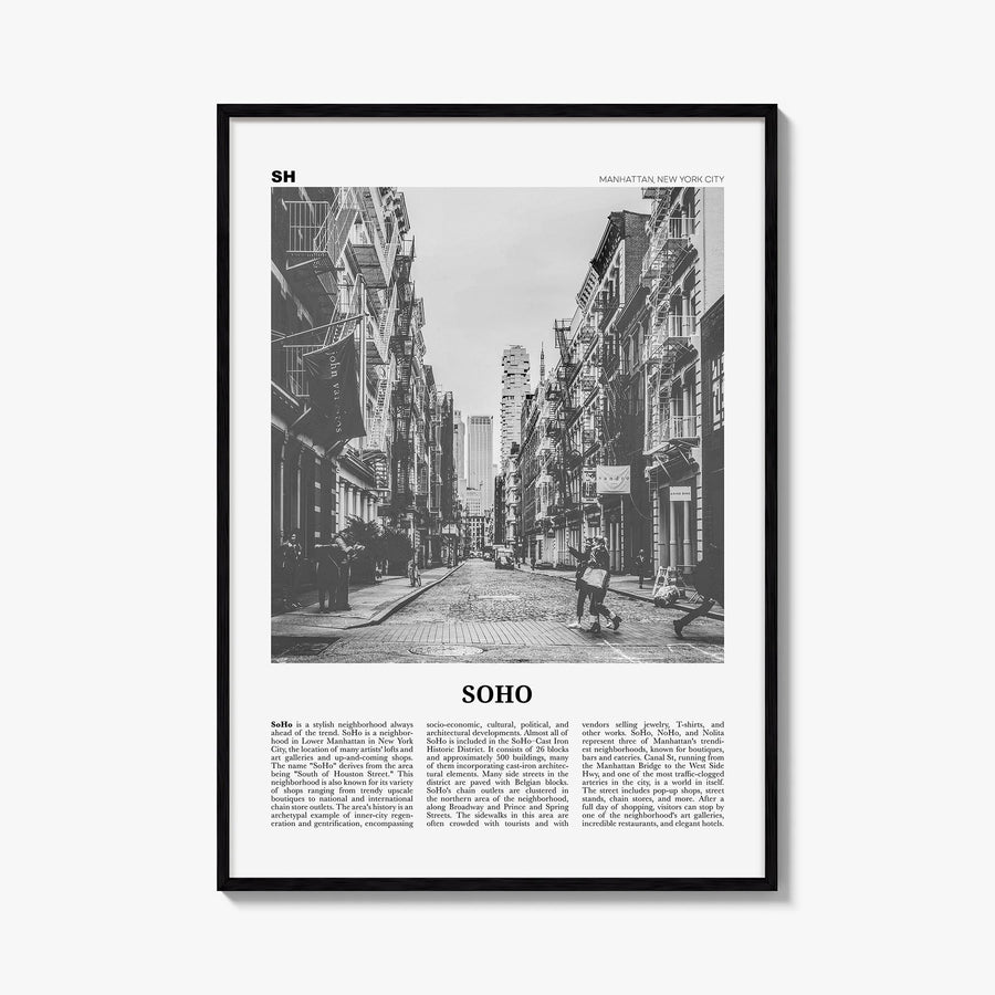 SoHo, New York City no. 1 black & white newspaper poster of New York, USA – vertical wall art, unframed print shown in interi