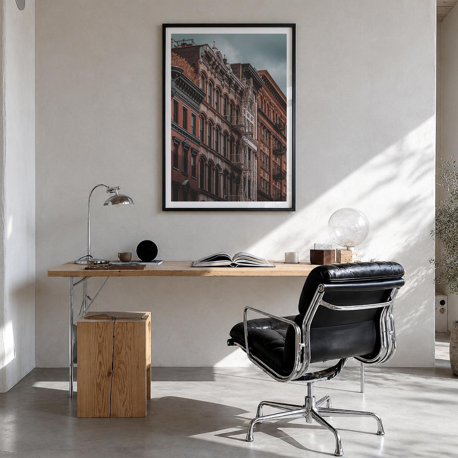 SoHo, New York City no. 1 colorful photo poster of New York, USA – vertical wall art in black wood frame with white border, h