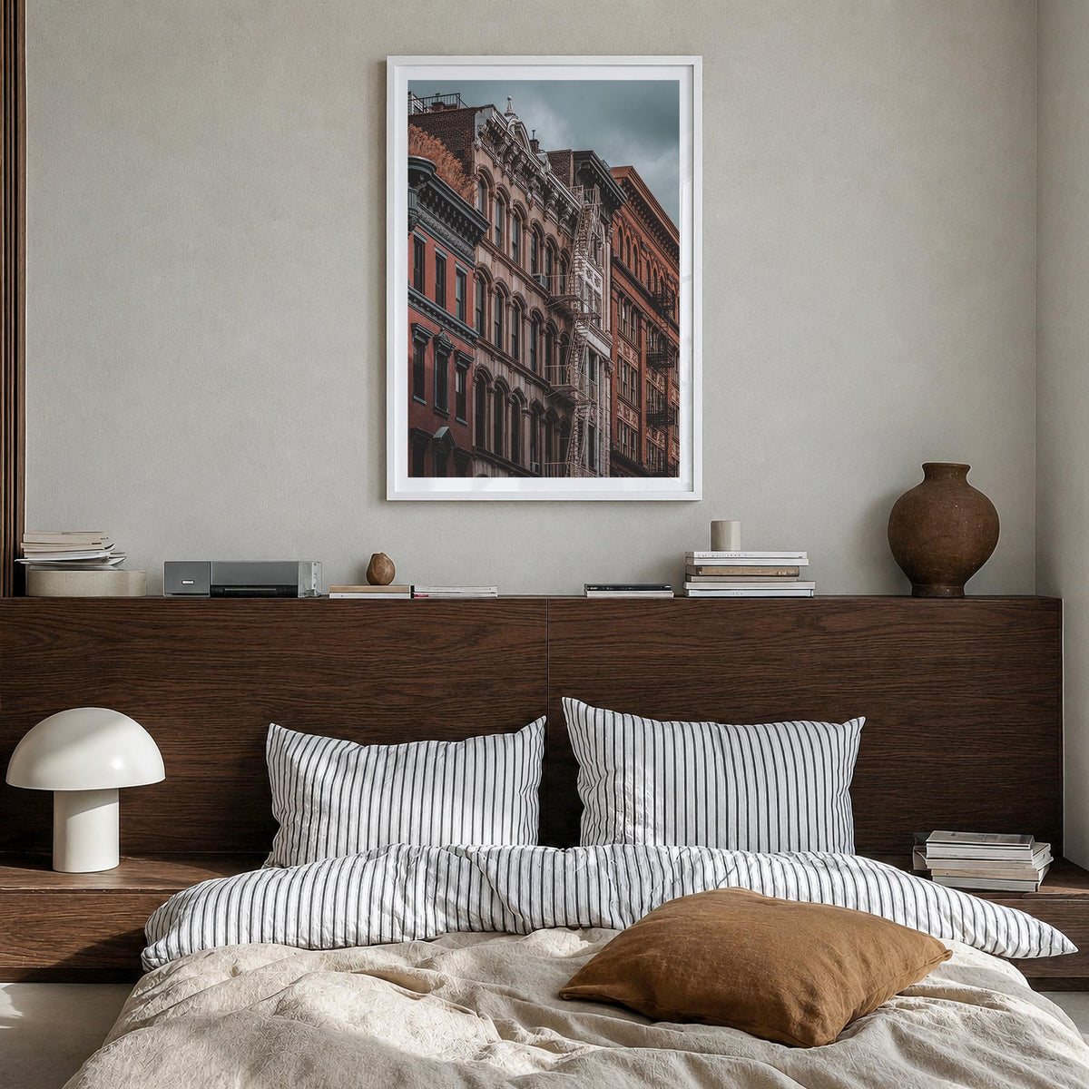 SoHo, New York City no. 1 colorful photo poster of New York, USA – vertical wall art in white wood frame with white border, h