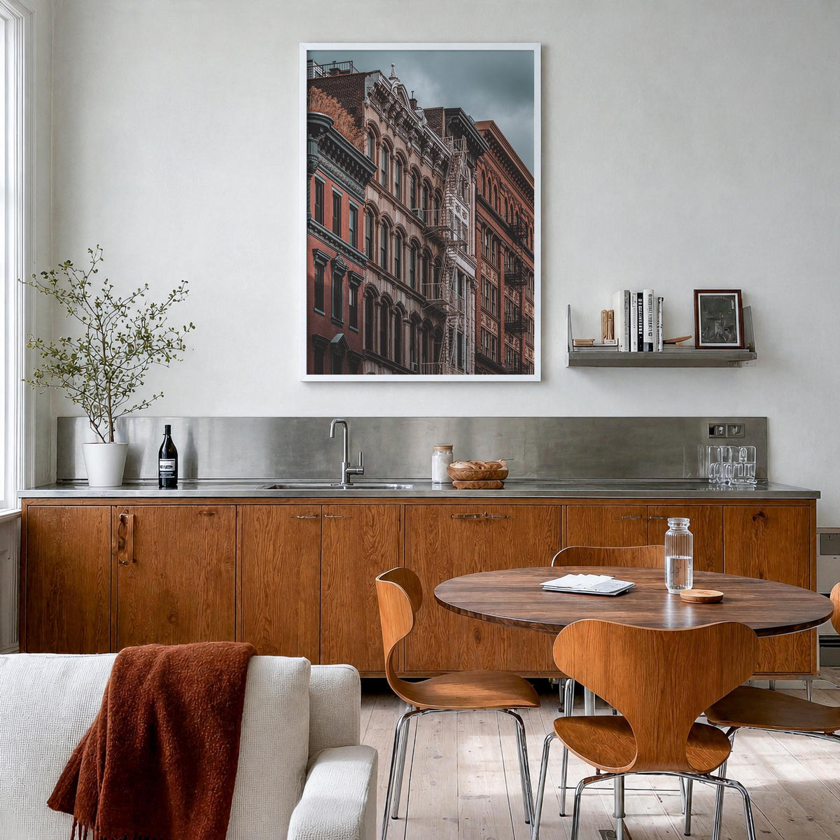 SoHo, New York City no. 1 colorful photo poster of New York, USA – vertical wall art in white wood frame, hanging on wall