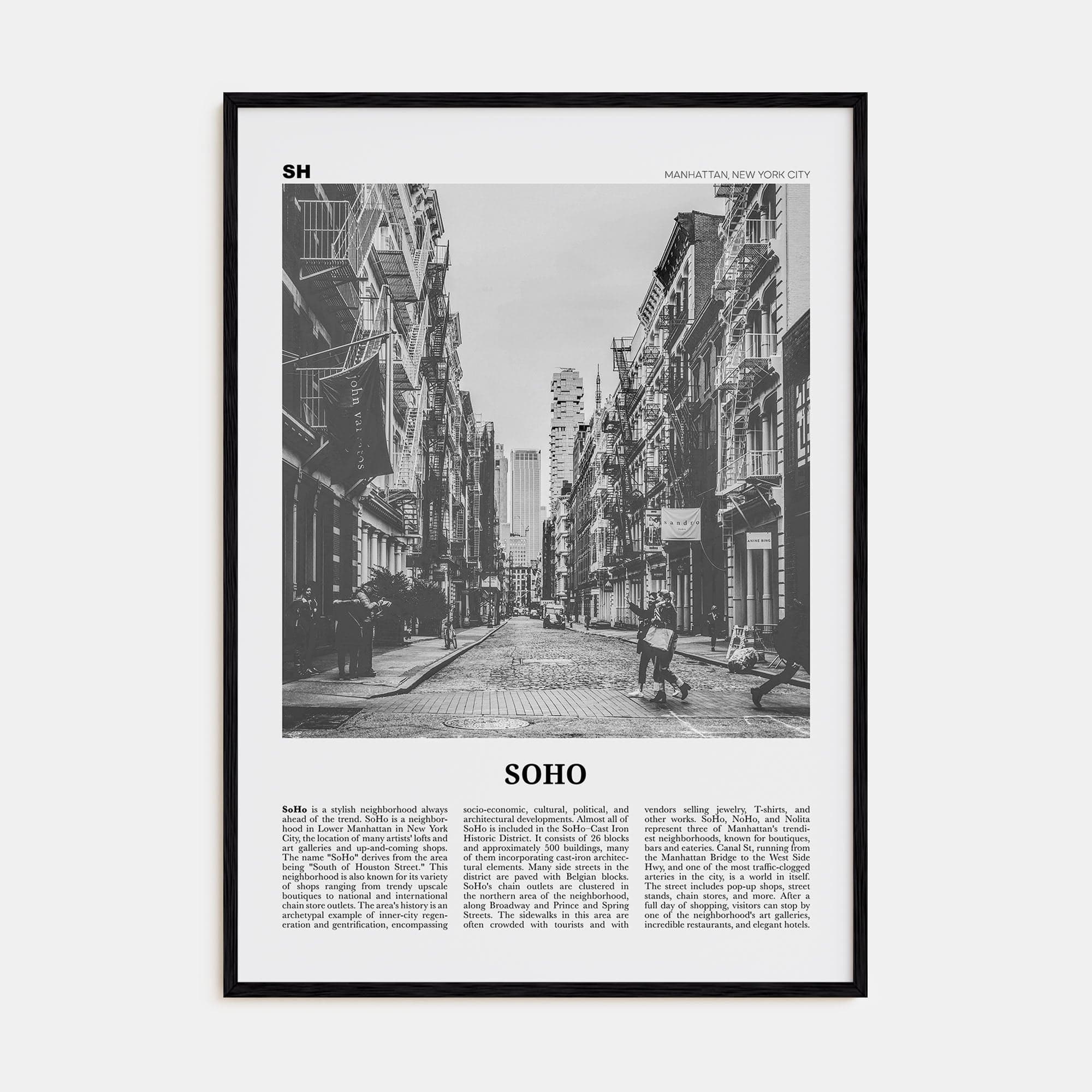 SoHo, New York City No 1 Poster Black Wood / 8x12 in Nbourhood Travel B&W Poster