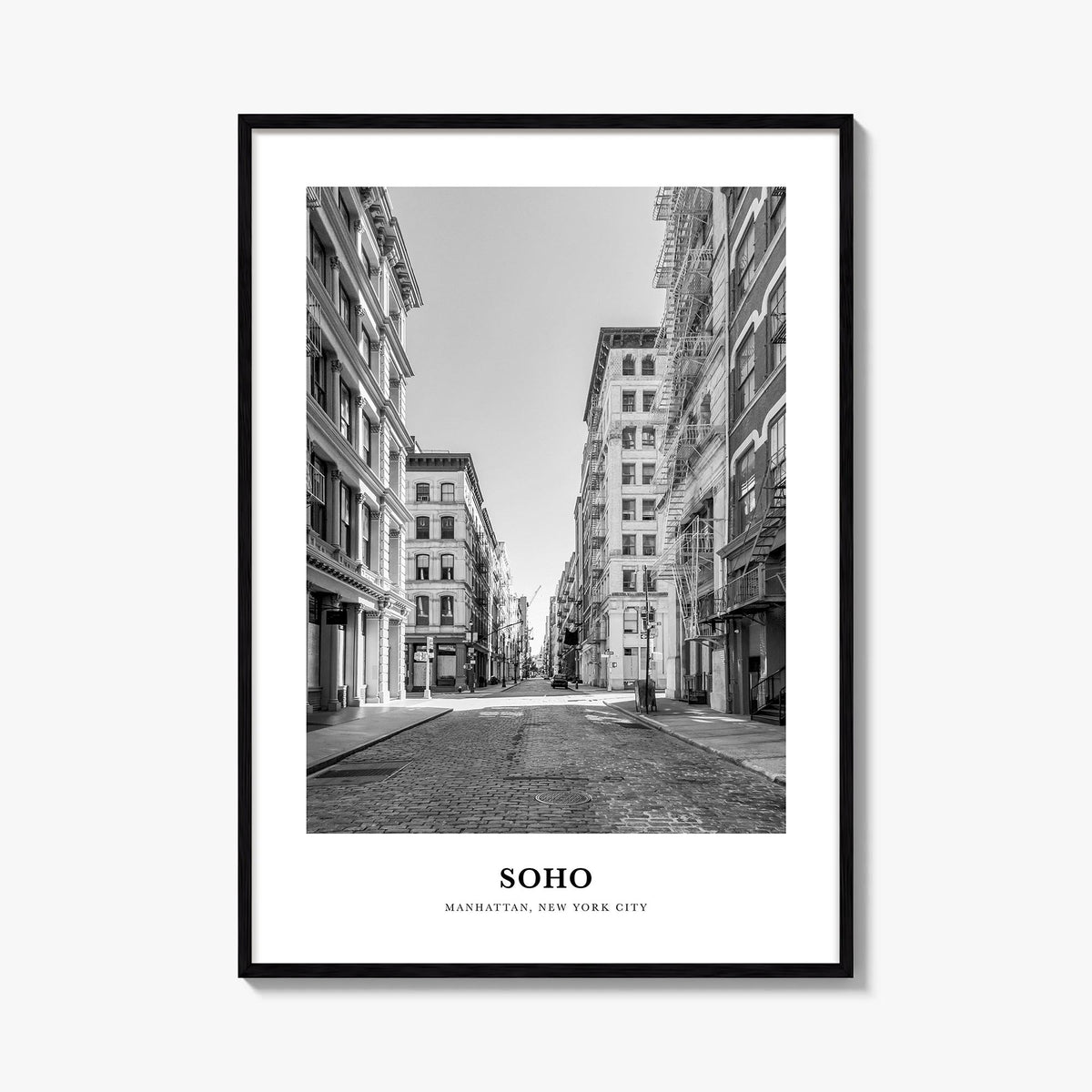 SoHo, New York City no. 2 black & white classic poster of New York, USA – vertical wall art, unframed print shown in interior