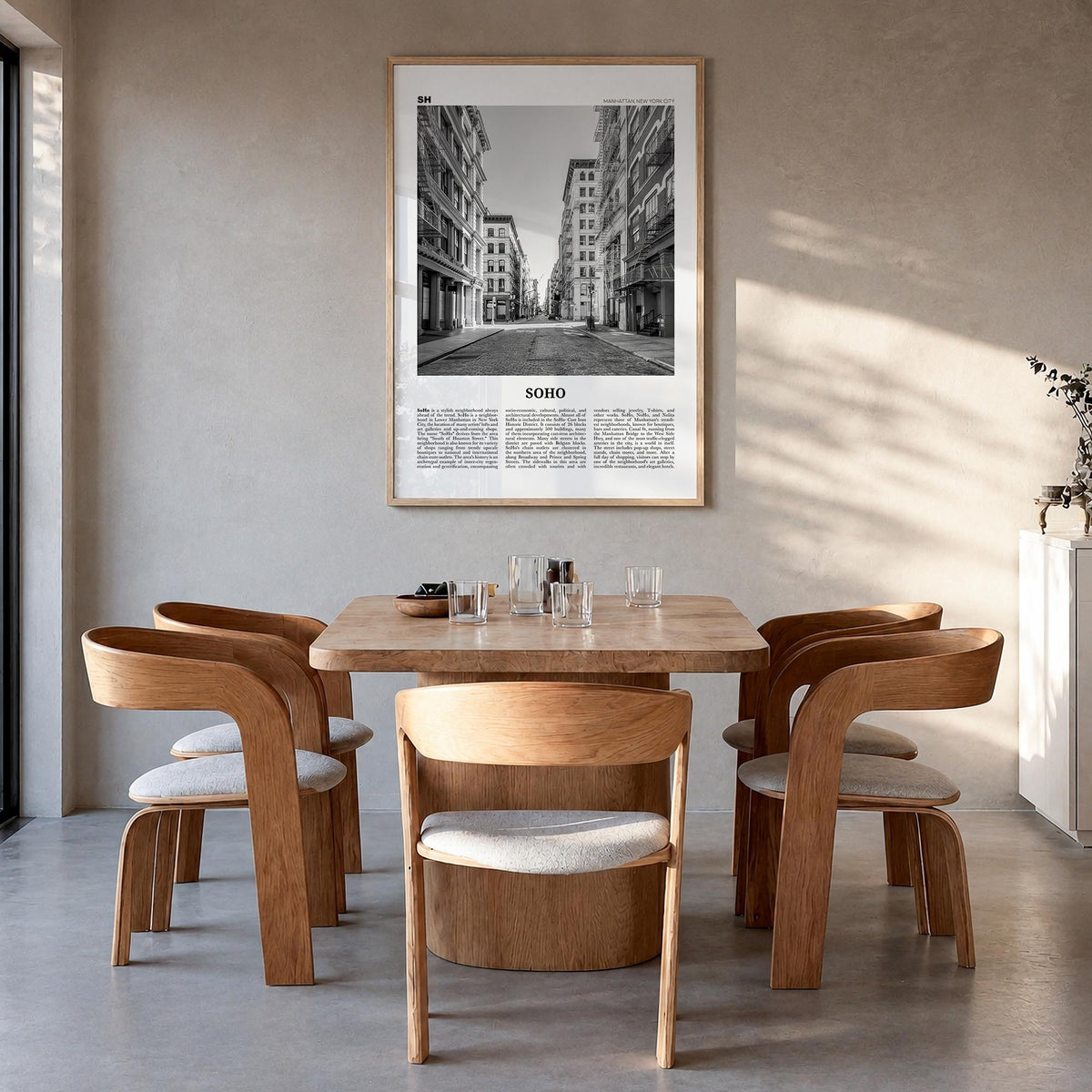 SoHo, New York City no. 2 black & white newspaper poster of New York, USA – vertical wall art in natural wood frame, hanging 