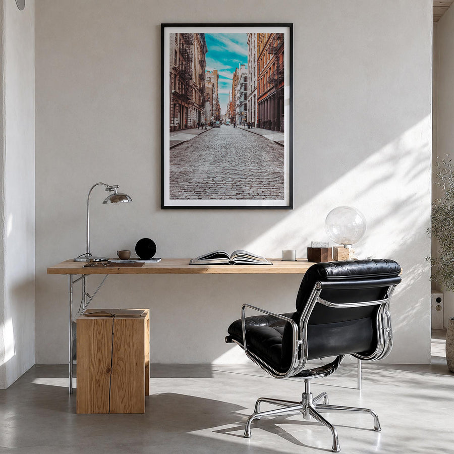 SoHo, New York City no. 3 colorful photo poster of New York, USA – vertical wall art in black wood frame with white border, h