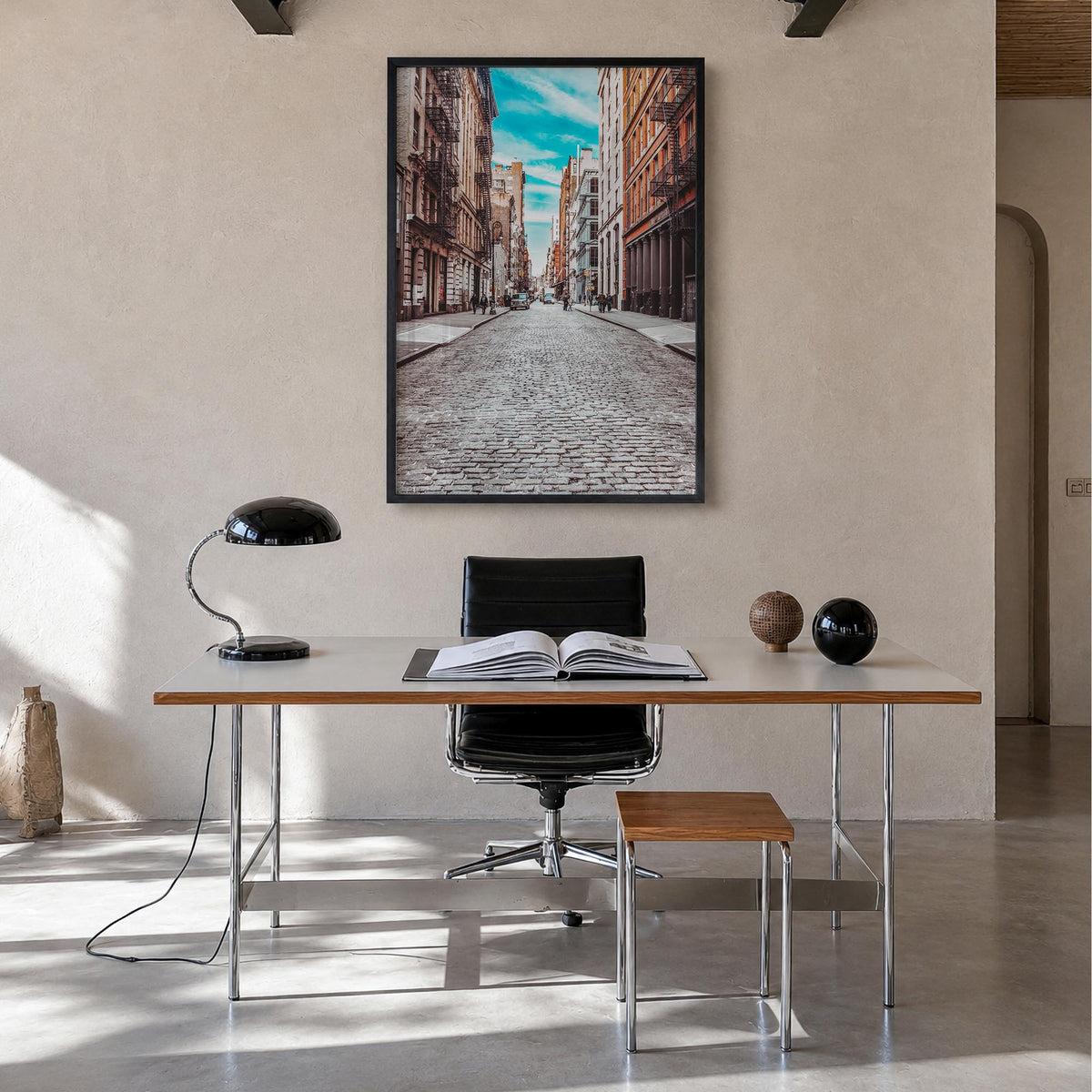 SoHo, New York City no. 3 colorful photo poster of New York, USA – vertical wall art in black wood frame, hanging on wall