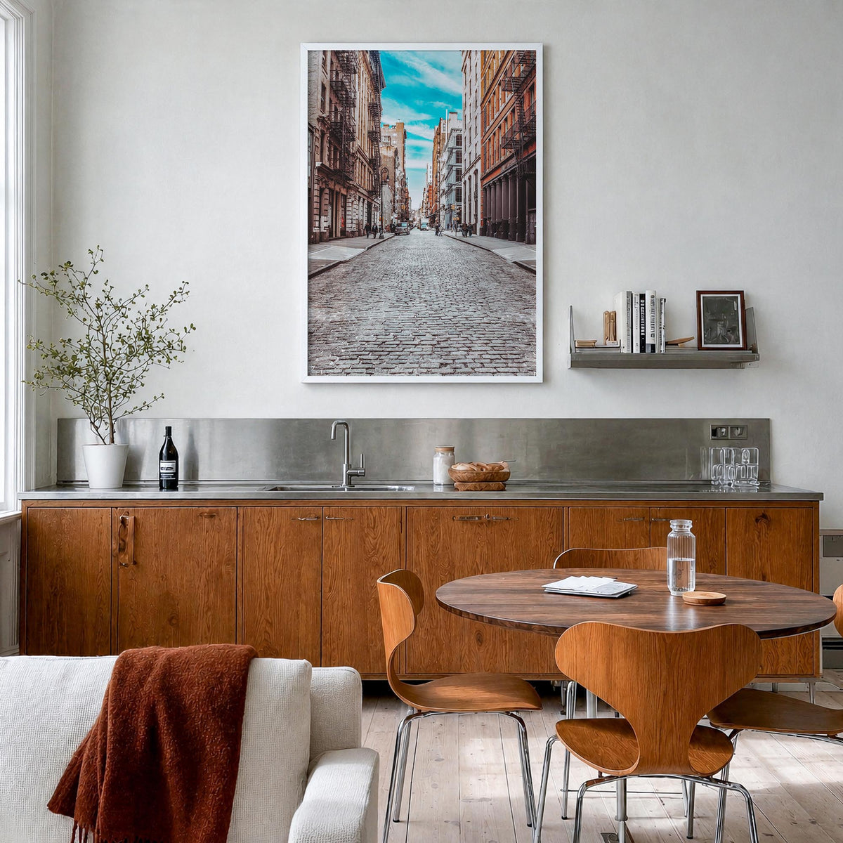 SoHo, New York City no. 3 colorful photo poster of New York, USA – vertical wall art in white wood frame, hanging on wall