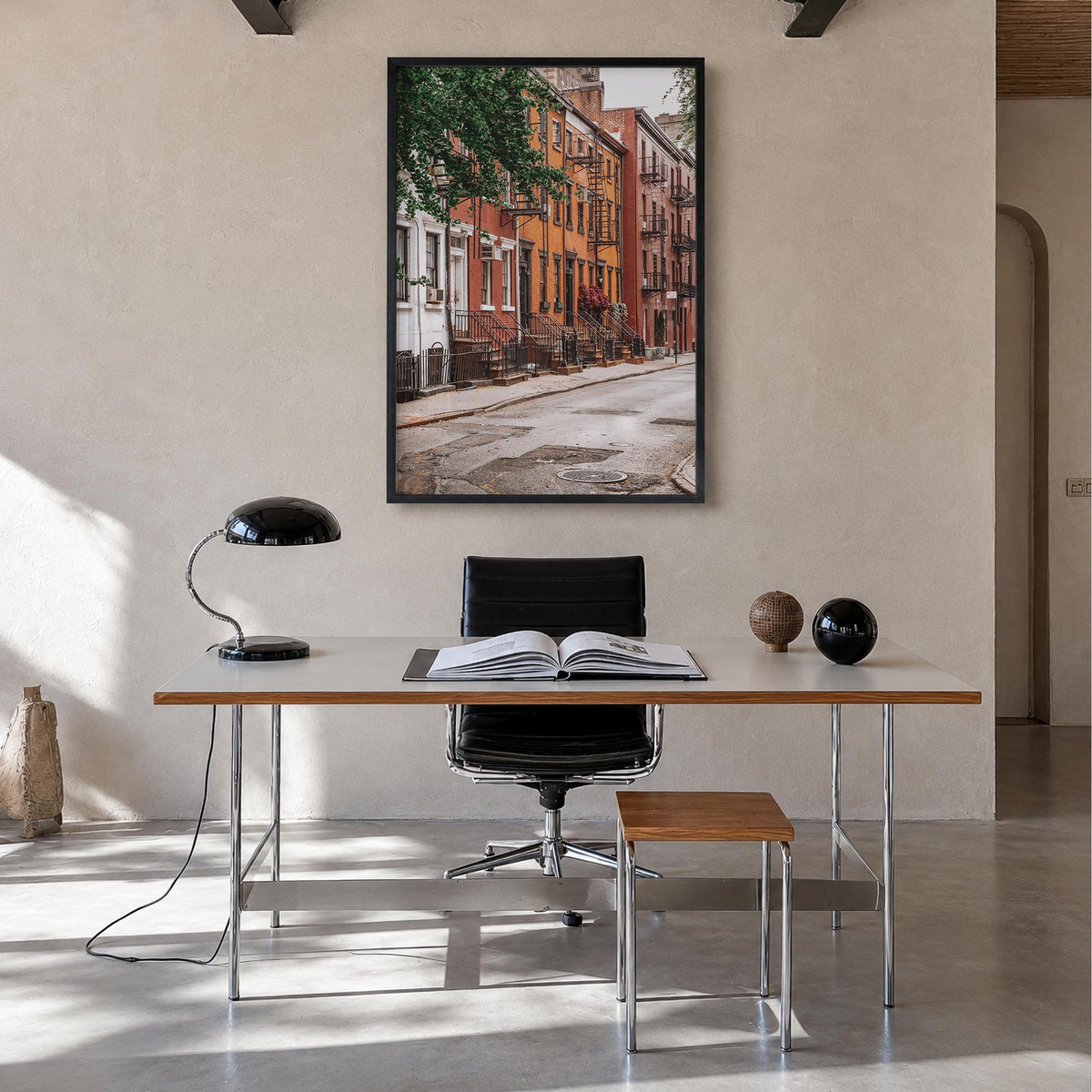 SoHo, New York City no. 4 colorful photo poster of New York, USA – vertical wall art in black wood frame, hanging on wall
