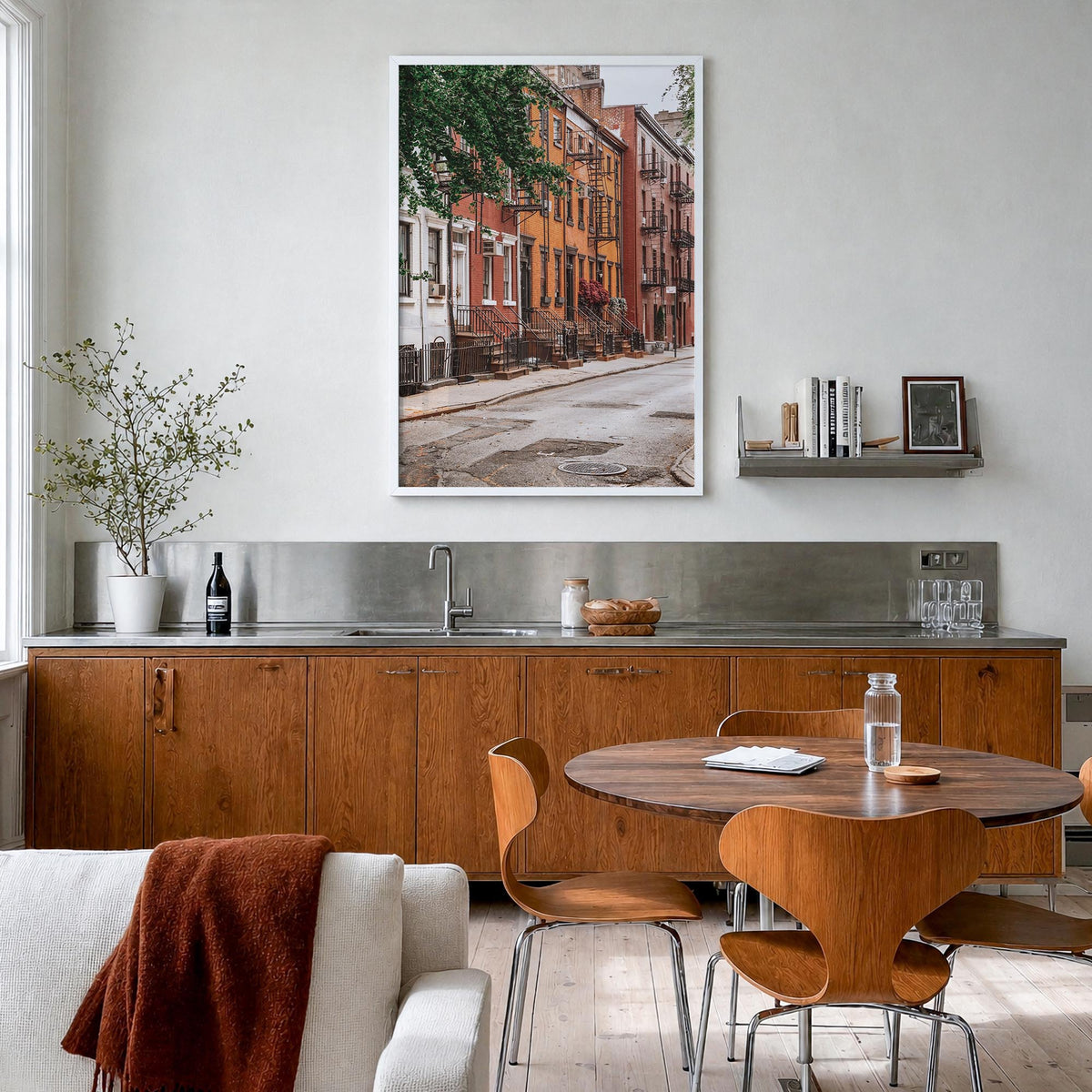 SoHo, New York City no. 4 colorful photo poster of New York, USA – vertical wall art in white wood frame, hanging on wall