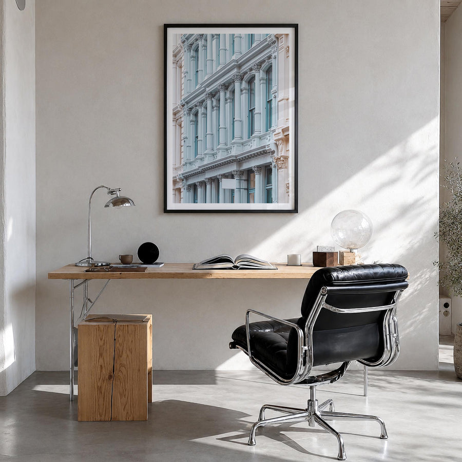 SoHo, New York City no. 5 colorful photo poster of New York, USA – vertical wall art in black wood frame with white border, h