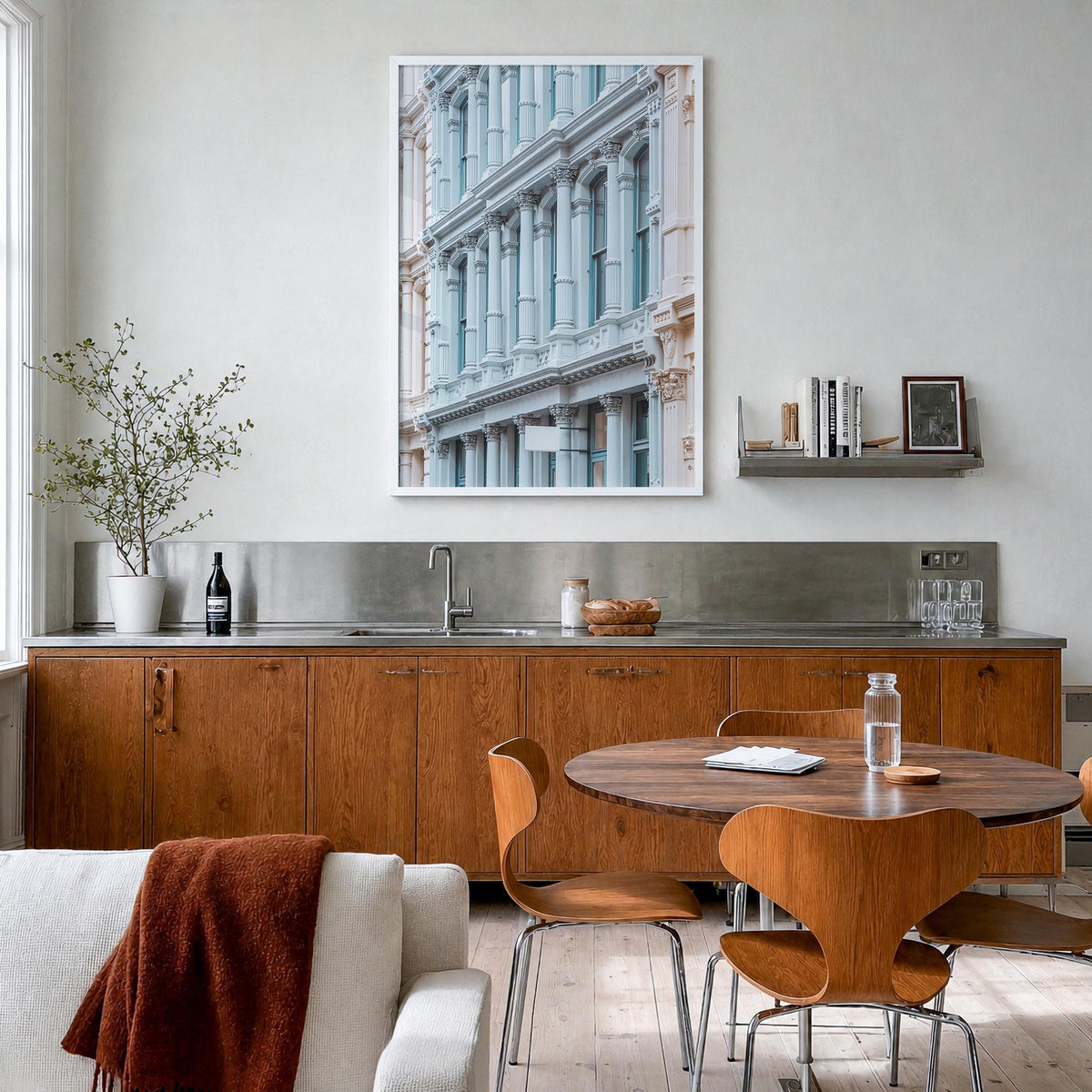 SoHo, New York City no. 5 colorful photo poster of New York, USA – vertical wall art in white wood frame, hanging on wall