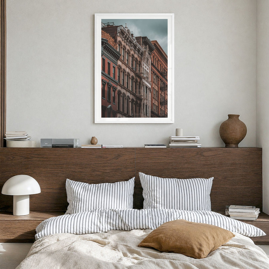 SoHo, New York City Photo No 1 Poster in a white wood frame, hanging in a bedroom, white border