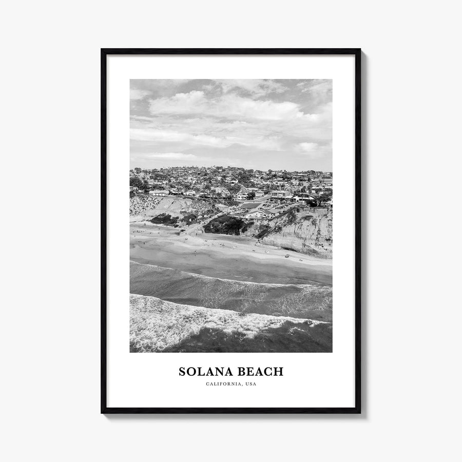 Solana Beach black & white classic poster of California, USA – vertical wall art, unframed print shown in interior mockup