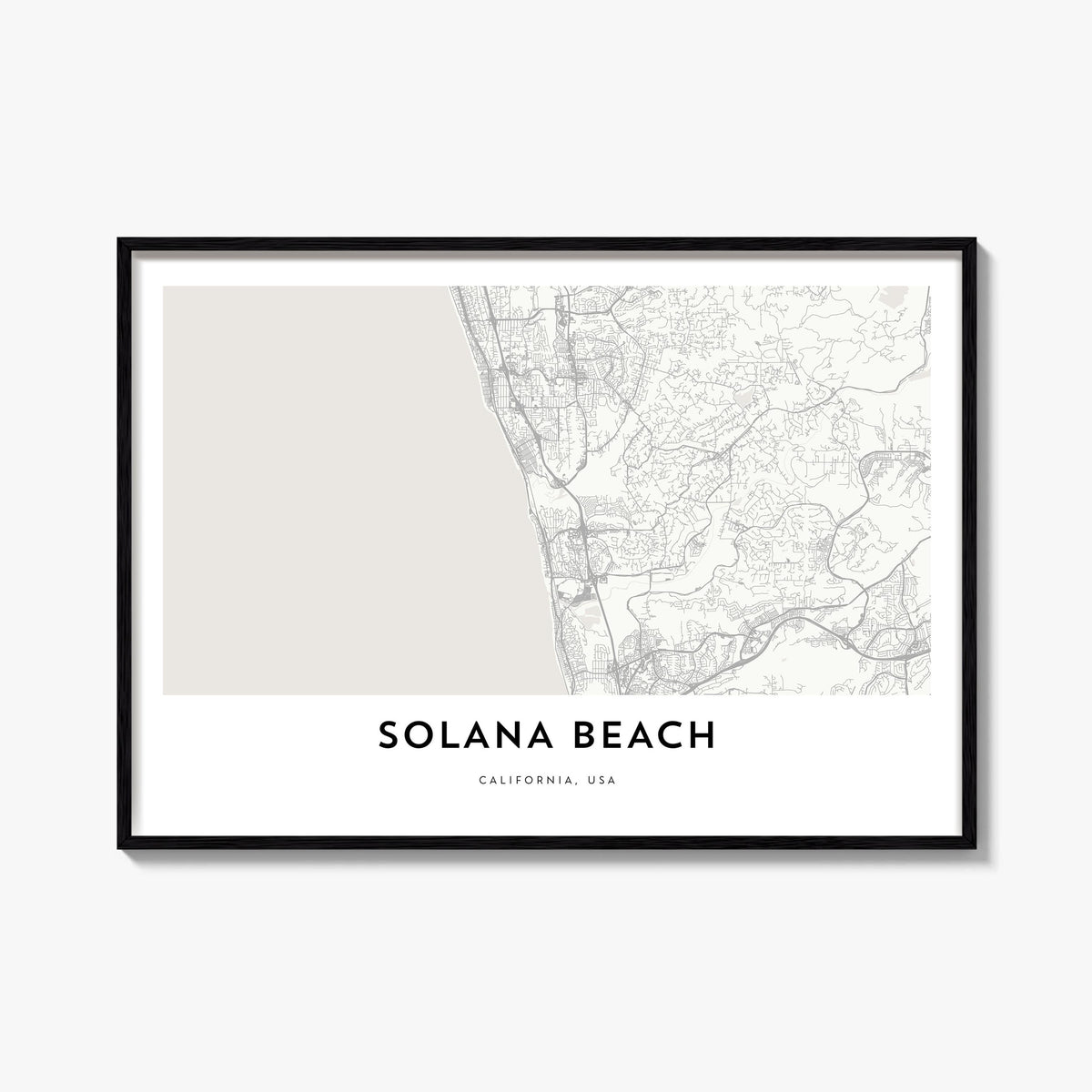 Solana Beach black & white map poster of California, USA – horizontal wall art, unframed print shown in interior mockup