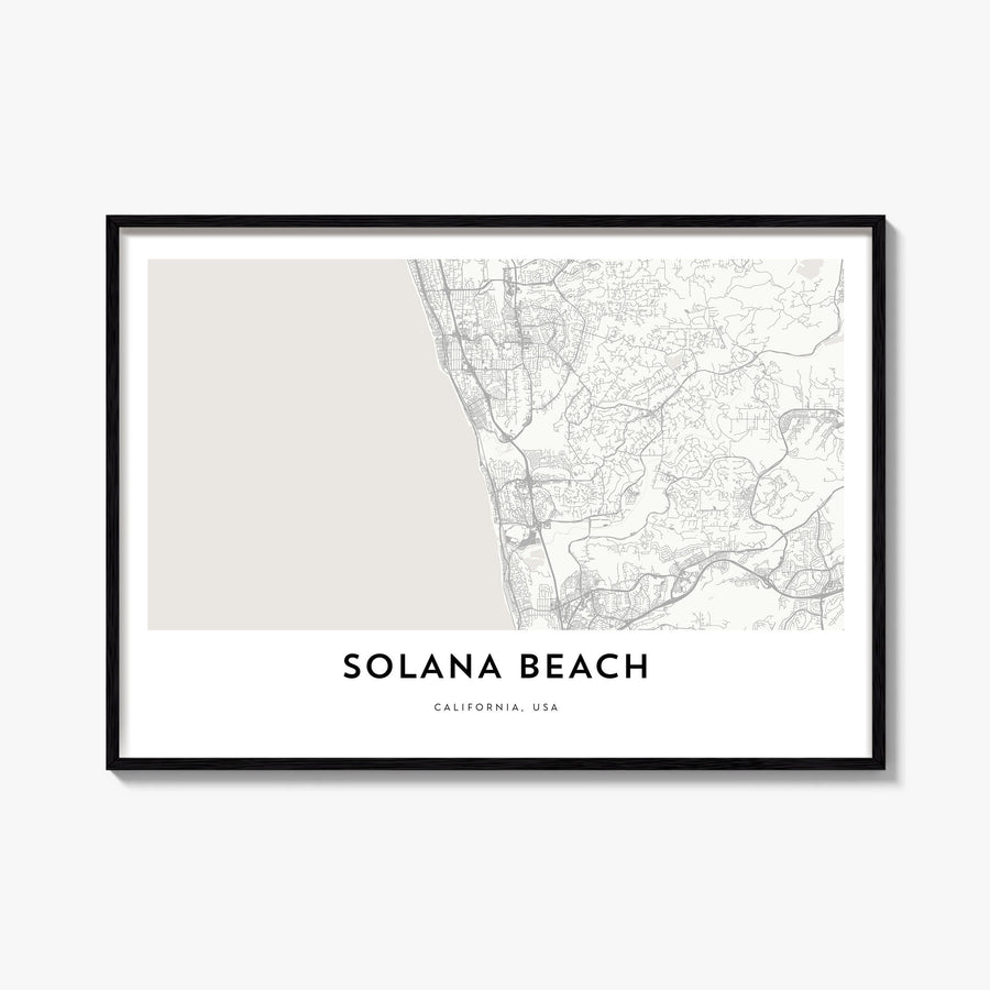 Solana Beach black & white map poster of California, USA – horizontal wall art, unframed print shown in interior mockup