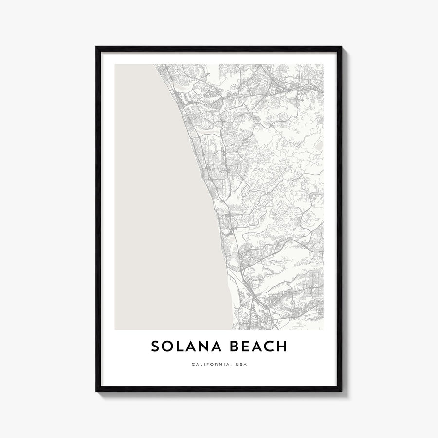 Solana Beach black & white map poster of California, USA – vertical wall art, unframed print shown in interior mockup