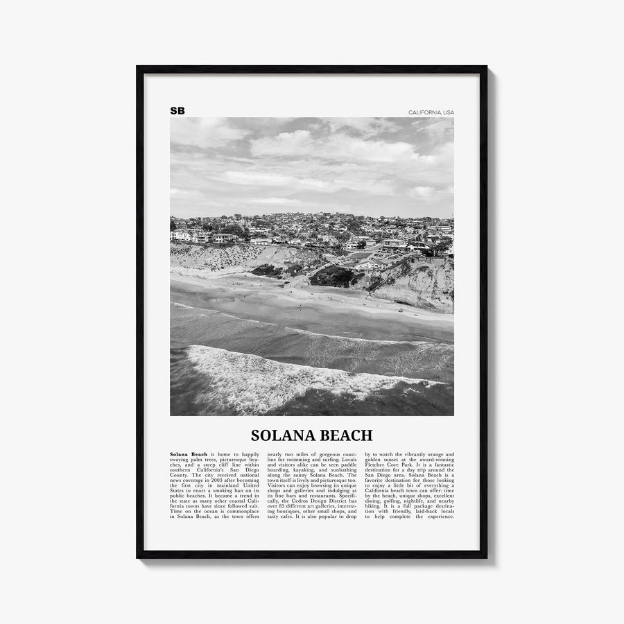 Solana Beach black & white newspaper poster of California, USA – vertical wall art, unframed print shown in interior mockup