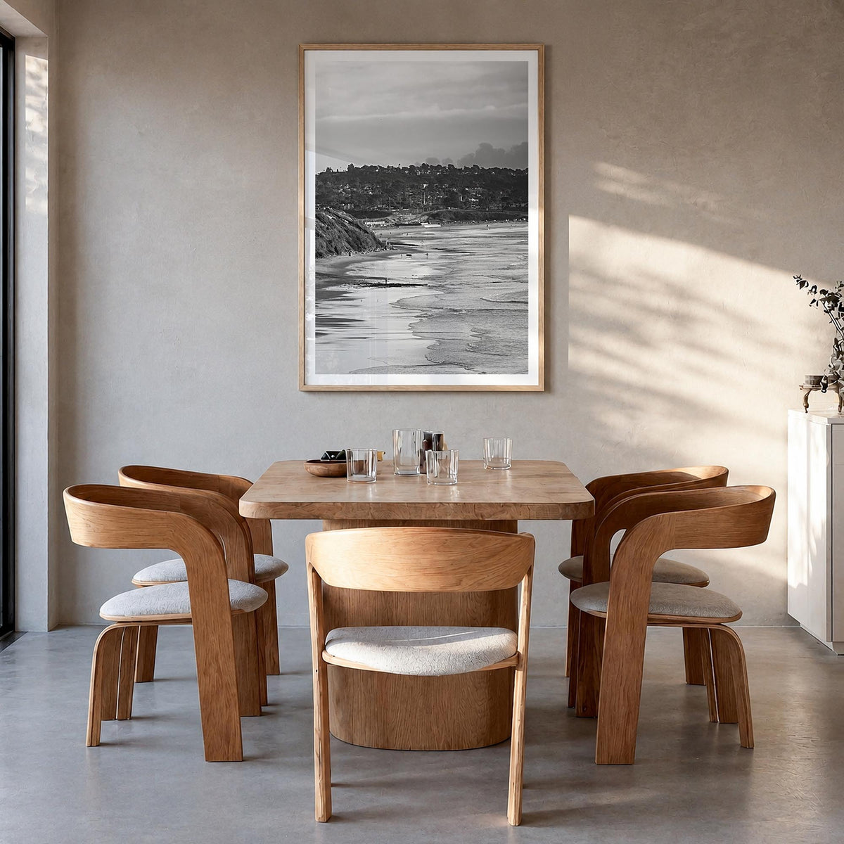 Solana Beach black & white photo poster of California, USA – vertical wall art in natural wood frame with white border, hangi