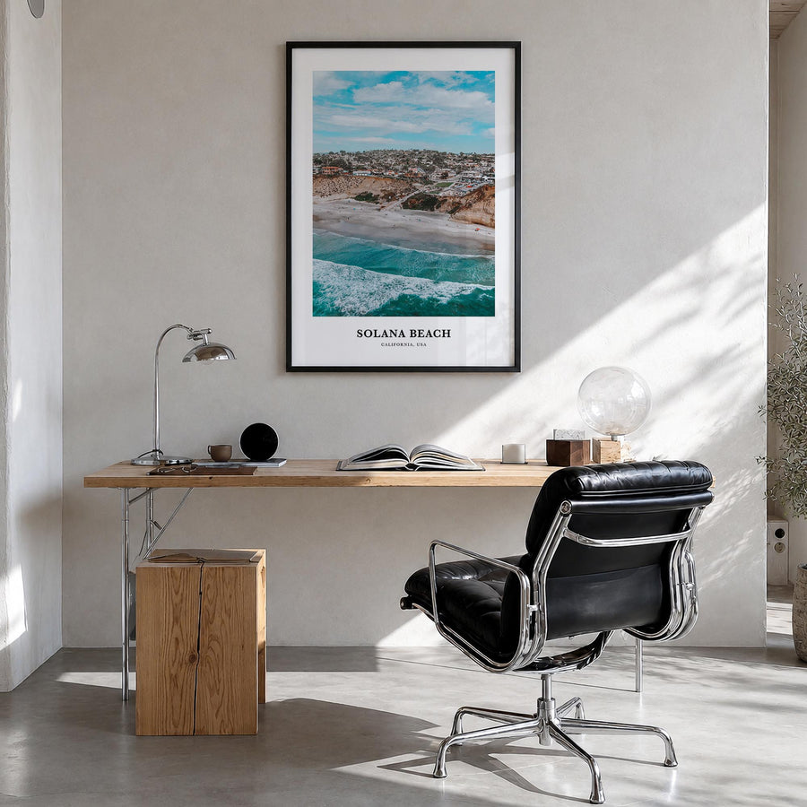 Solana Beach colorful classic poster of California, USA – vertical wall art in black wood frame, hanging on wall