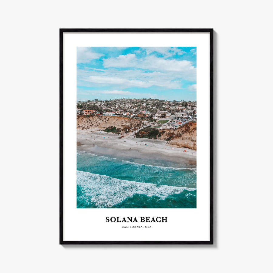 Solana Beach colorful classic poster of California, USA – vertical wall art, unframed print shown in interior mockup