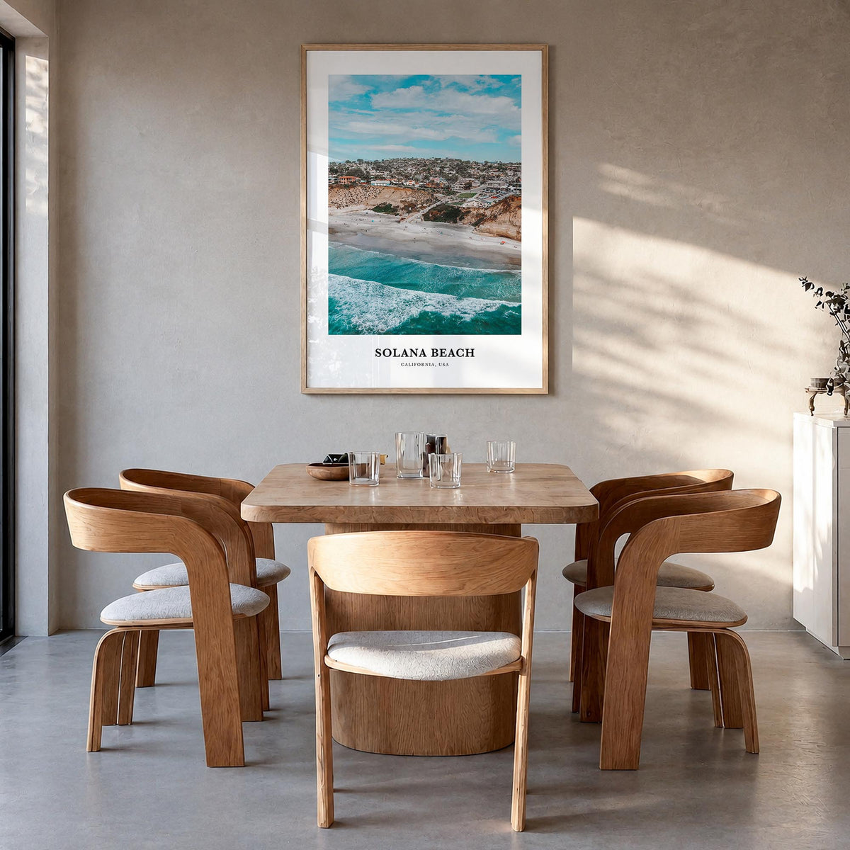 Solana Beach colorful classic poster of California, USA – vertical wall art in natural wood frame, hanging on wall
