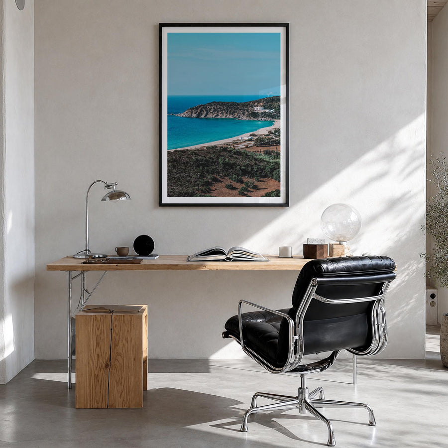 Solana Beach colorful photo poster of California, USA – vertical wall art in black wood frame with white border, hanging on w