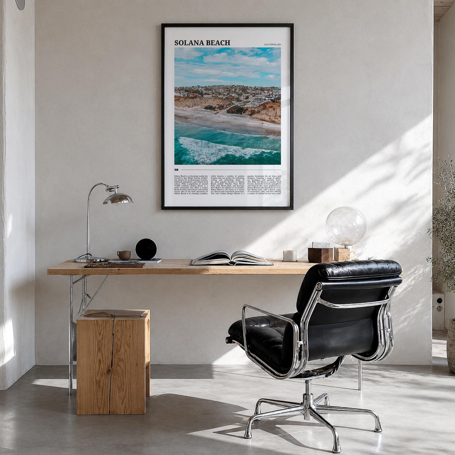 Solana Beach colorful travel poster of California, USA – vertical wall art in black wood frame, hanging on wall