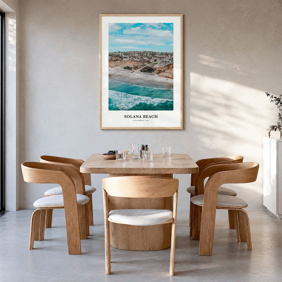 Solana Beach Classic Poster in a natural wood frame, hanging in a dining room