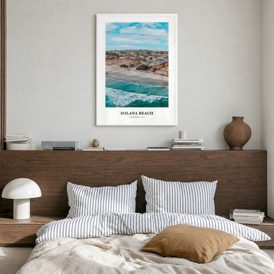 Solana Beach Classic Poster in a white wood frame, hanging in a bedroom