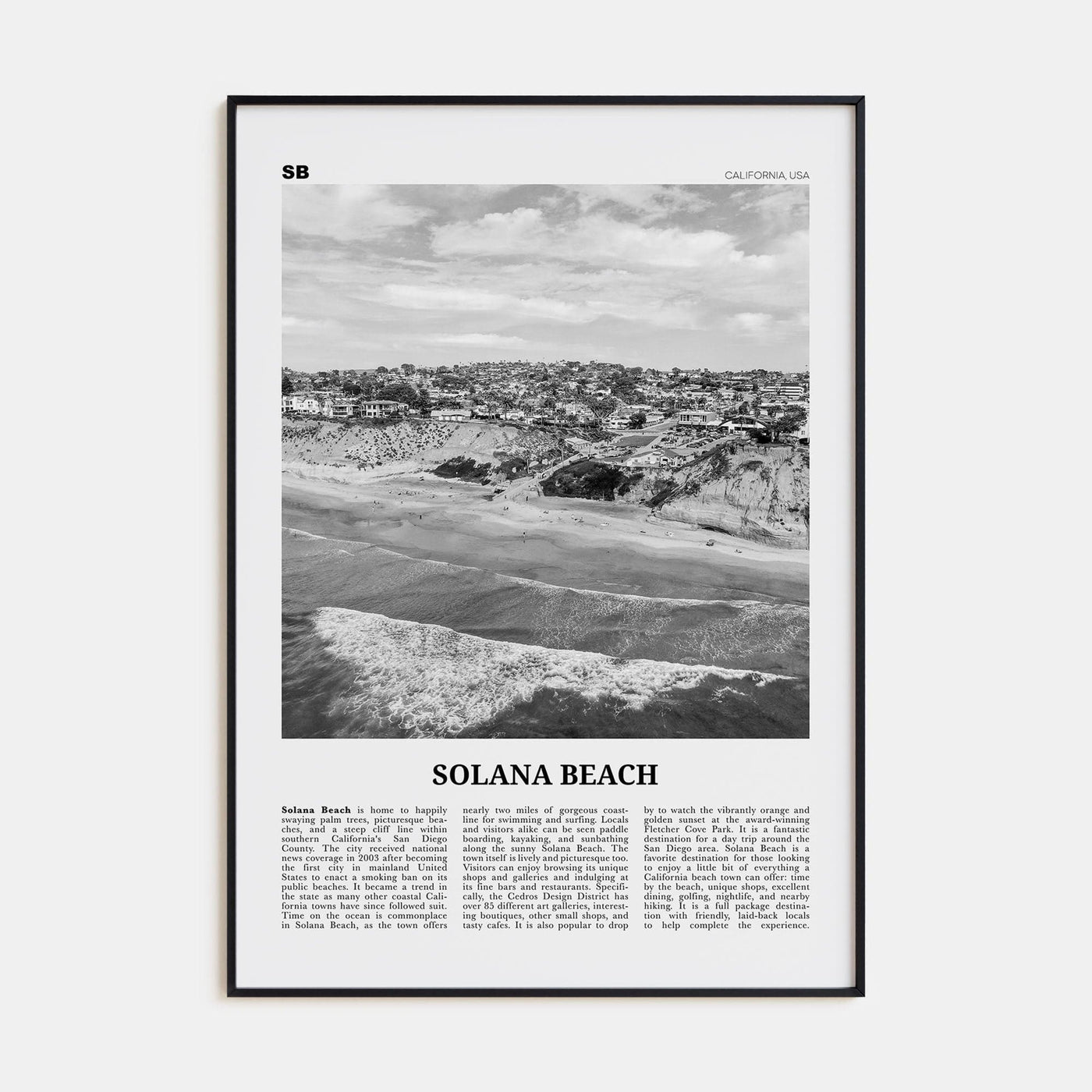 Solana Beach Poster Black Metal / 8x12 in Nbourhood Travel B&W Poster