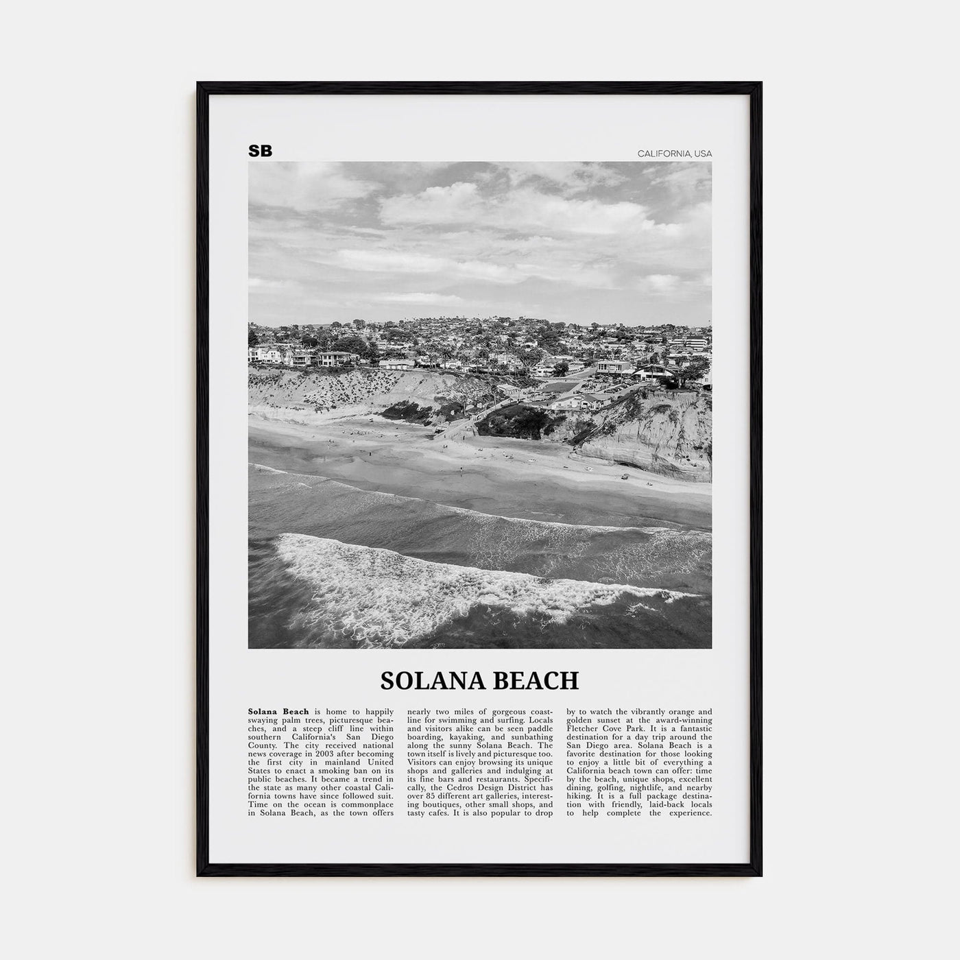 Solana Beach Poster Black Wood / 8x12 in Nbourhood Travel B&W Poster