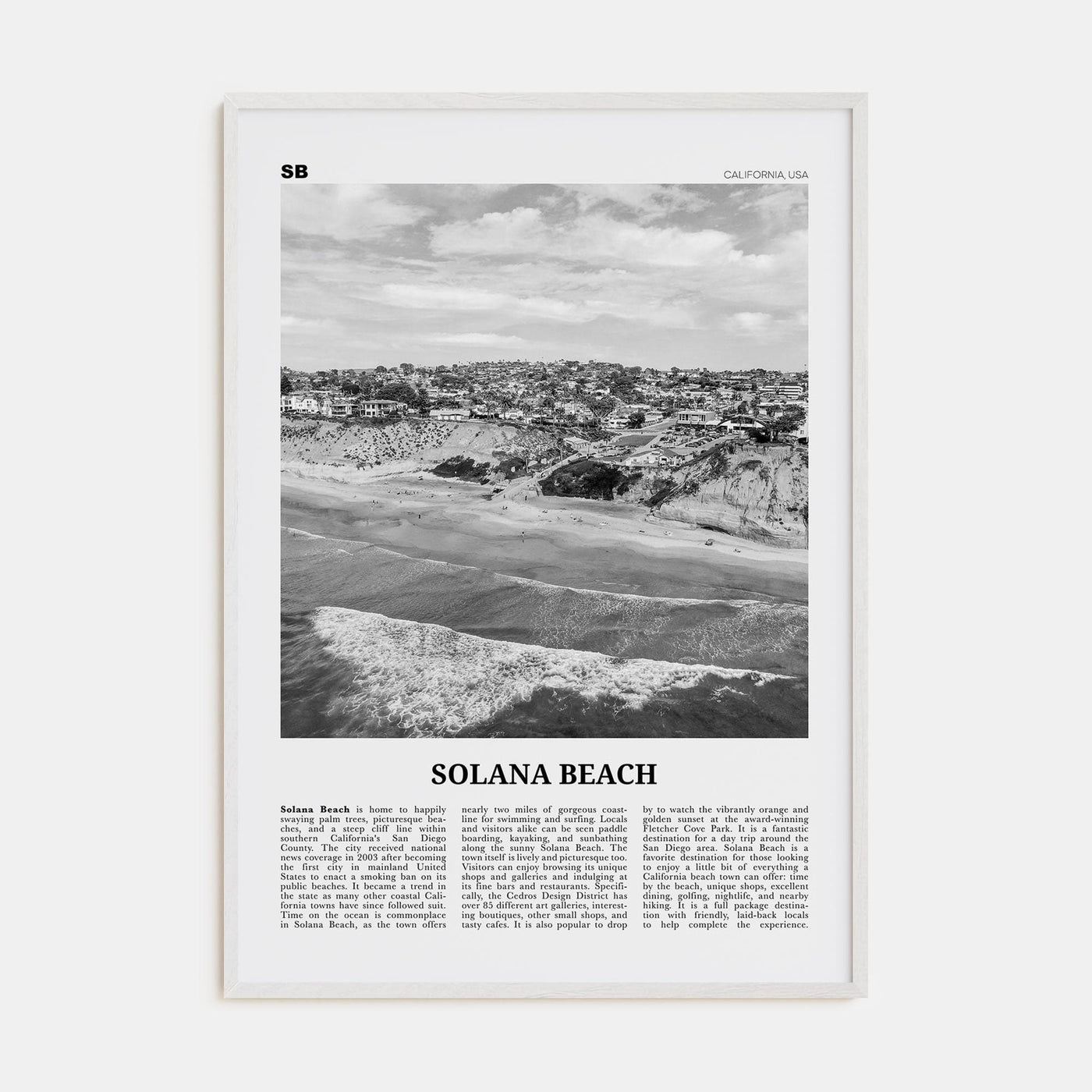 Solana Beach Poster White Wood / 8x12 in Nbourhood Travel B&W Poster