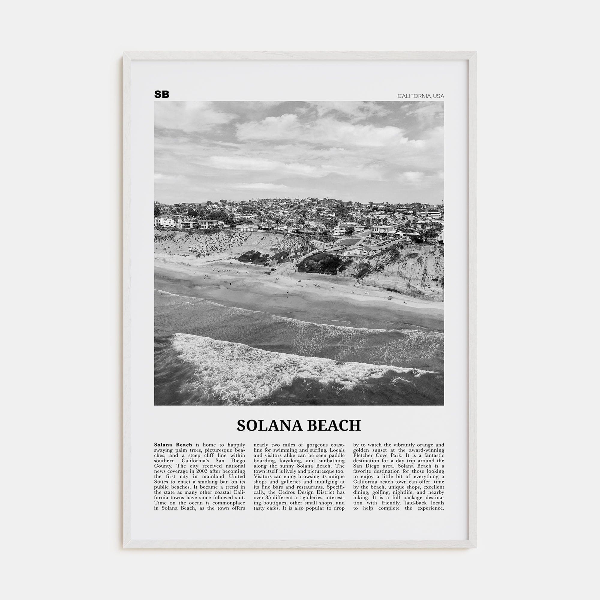 Solana Beach Poster White Wood / 8x12 in Nbourhood Travel B&W Poster