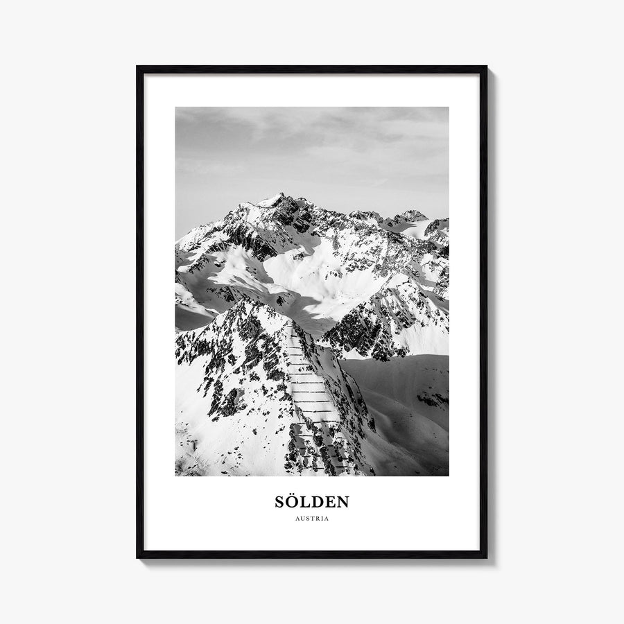 Sölden black & white classic poster of Austria – vertical wall art, unframed print shown in interior mockup