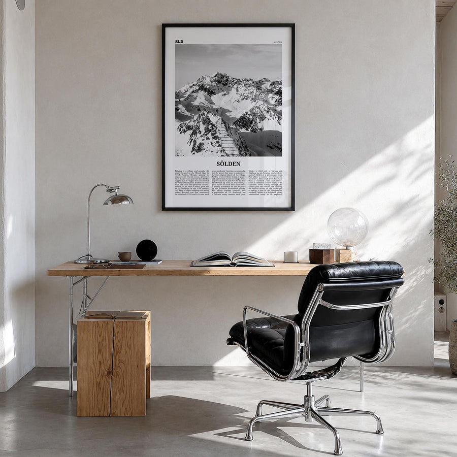 Sölden black & white newspaper poster of Austria – vertical wall art in black wood frame, hanging on wall
