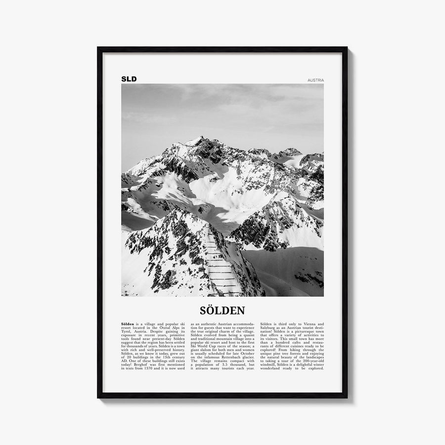 Sölden black & white newspaper poster of Austria – vertical wall art, unframed print shown in interior mockup