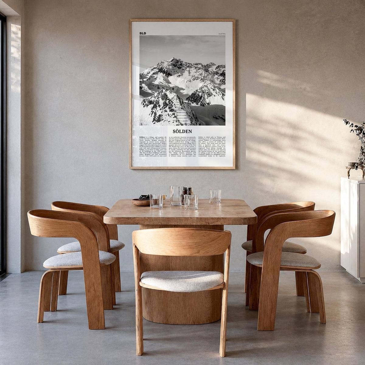 Sölden black & white newspaper poster of Austria – vertical wall art in natural wood frame, hanging on wall