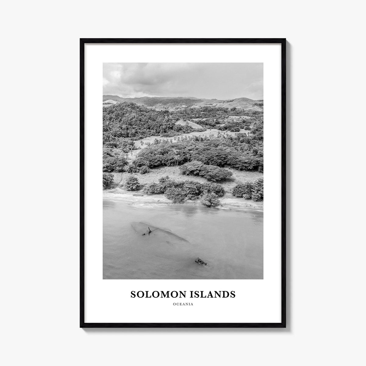 Solomon Islands black & white classic poster of Oceania – vertical wall art, unframed print shown in interior mockup