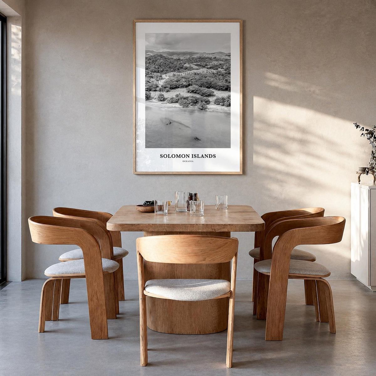 Solomon Islands black & white classic poster of Oceania – vertical wall art in natural wood frame, hanging on wall