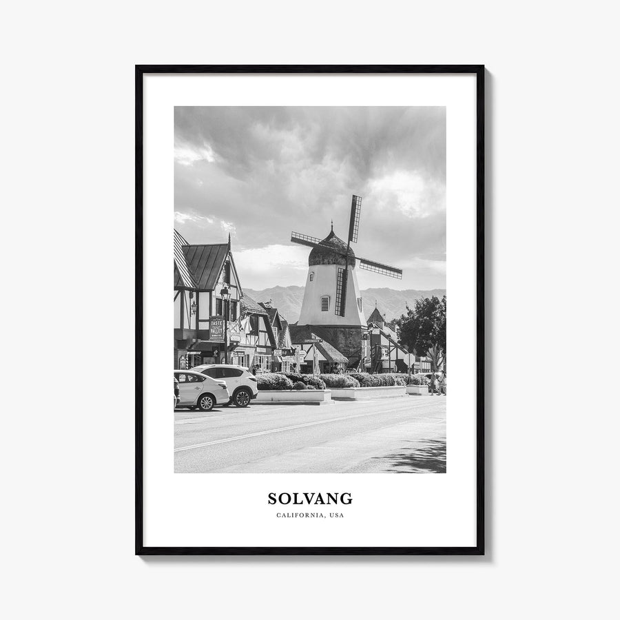 Solvang black & white classic poster of California, USA – vertical wall art, unframed print shown in interior mockup