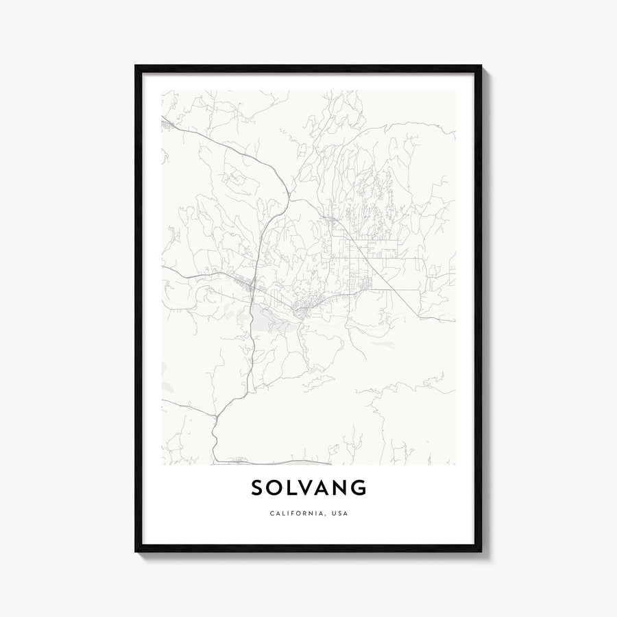 Solvang black & white map poster of California, USA – vertical wall art, unframed print shown in interior mockup